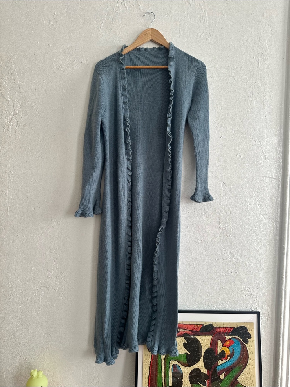 Long Open-Front Ruffle-Trim Knit jacket in Dusty Blue